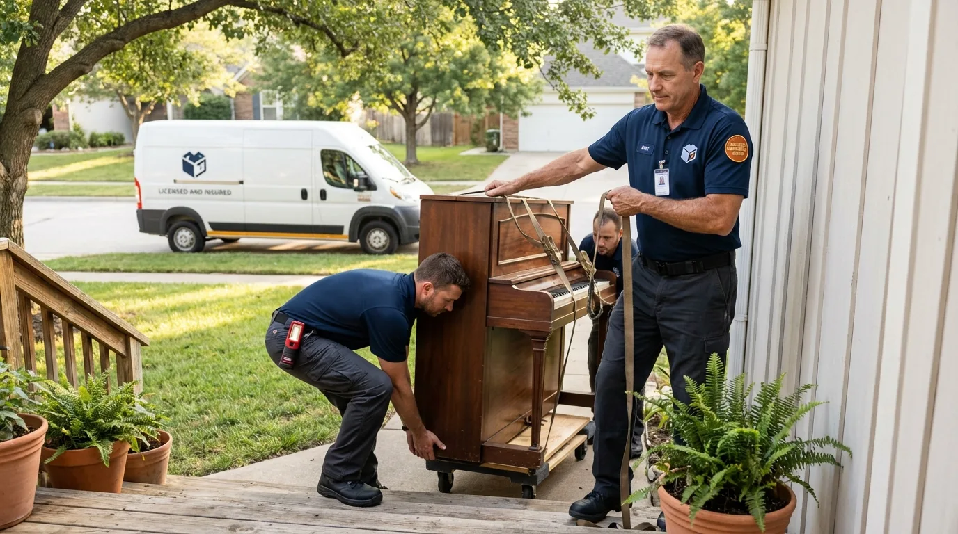 Licensed piano movers securing grand piano in Bolivar, MO