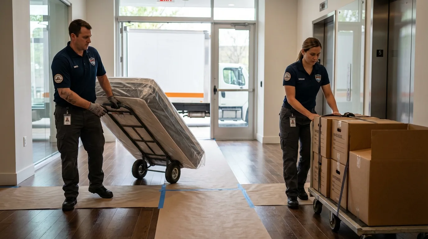 Professional apartment movers loading elevator in Bolivar, MO